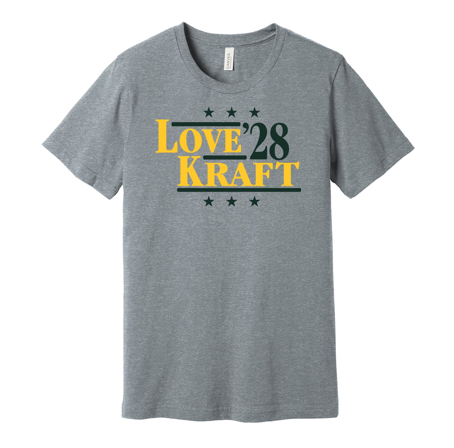 Green Bay Packers retro political campaign parody grey t-shirt featuring Jordan Love and Tucker Kraft '28, designed in a vintage election style by Hyper Than Hype Shirts.