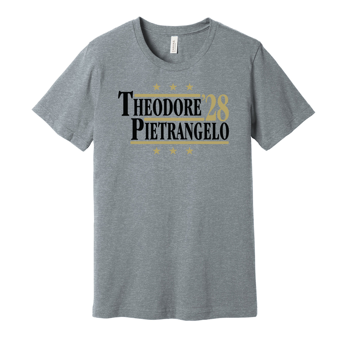 Vegas Golden Knights retro political campaign parody grey t-shirt featuring Shea Theodore and Alex Pietrangelo '28, designed in a vintage election style by Hyper Than Hype Shirts.