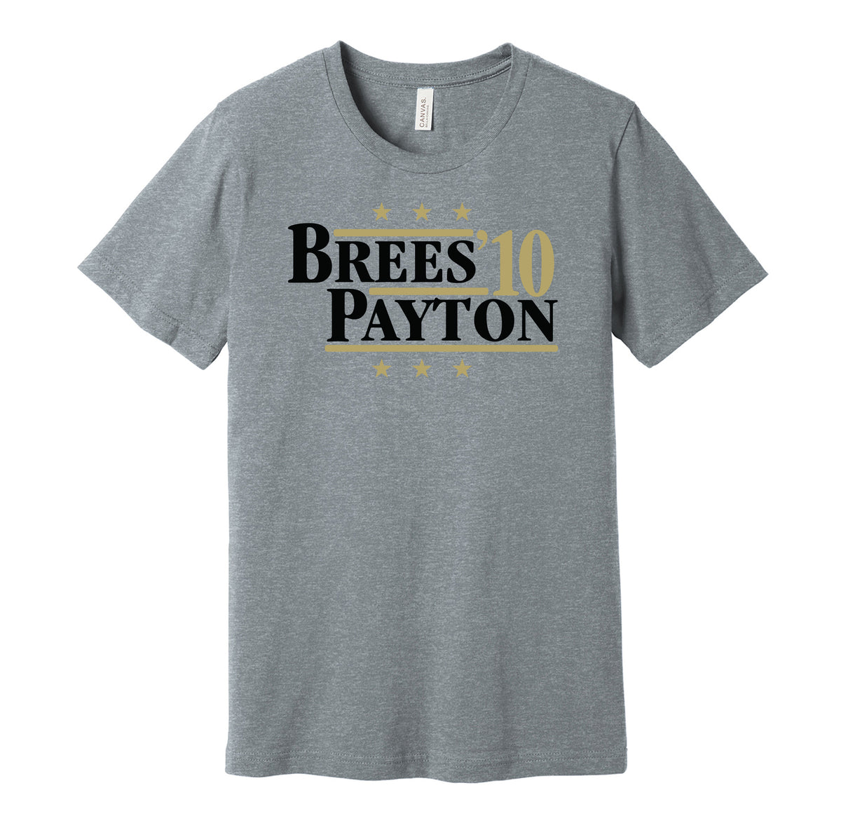 New Orleans Saints retro political campaign parody grey t-shirt featuring Drew Brees and Sean Payton '10, designed in a vintage election style by Hyper Than Hype Shirts.