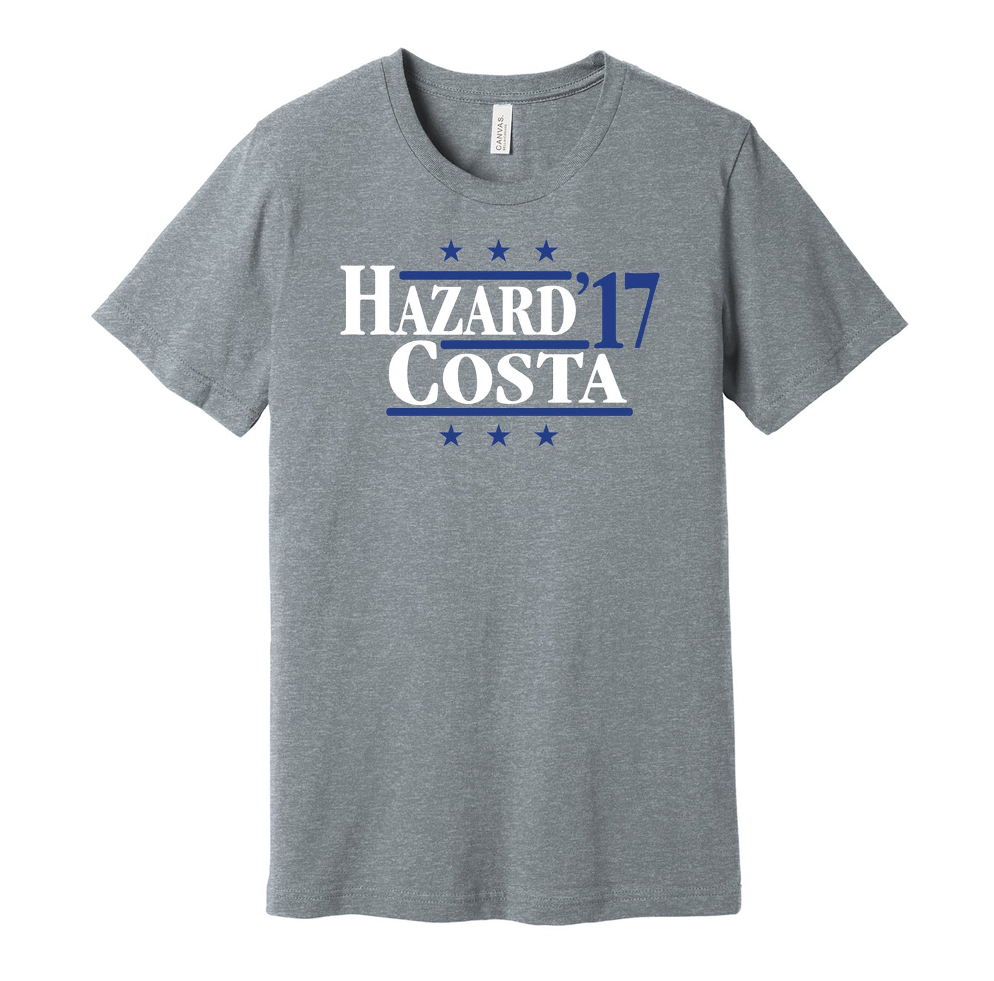 Chelsea retro political campaign parody grey t-shirt featuring Eden Hazard and Diego Costa '17, designed in a vintage election style by Hyper Than Hype Shirts.
