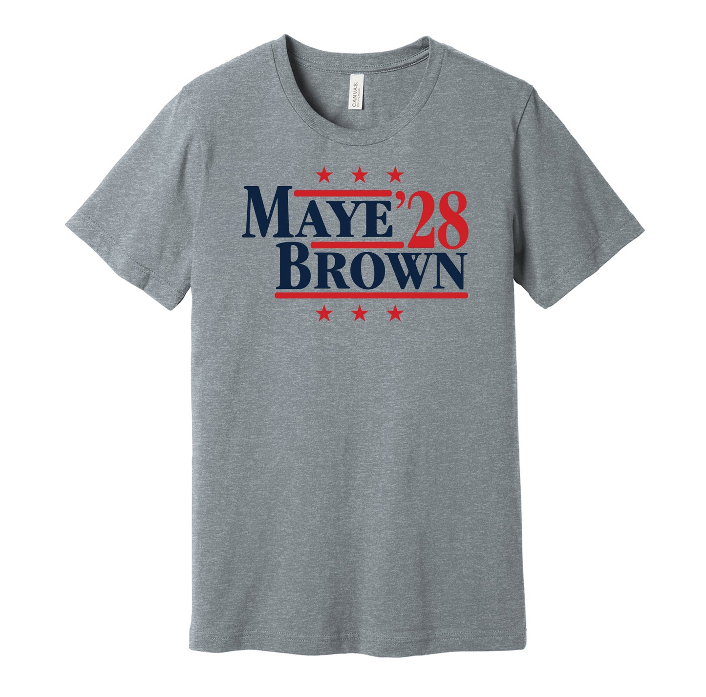 New England Patriots retro political campaign parody grey t-shirt featuring Drake Maye and A.J. Brown '28, designed in a vintage election style by Hyper Than Hype Shirts.