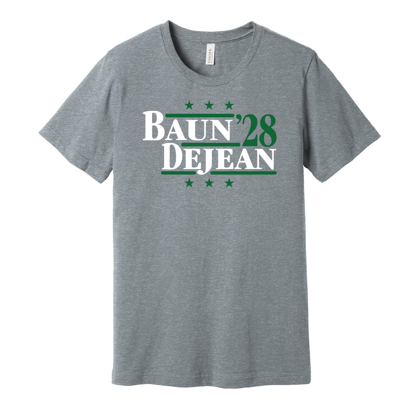 Philadelphia Eagles retro political campaign parody grey t-shirt featuring Zack Baun and Cooper DeJean '28, designed in a vintage election style by Hyper Than Hype Shirts.