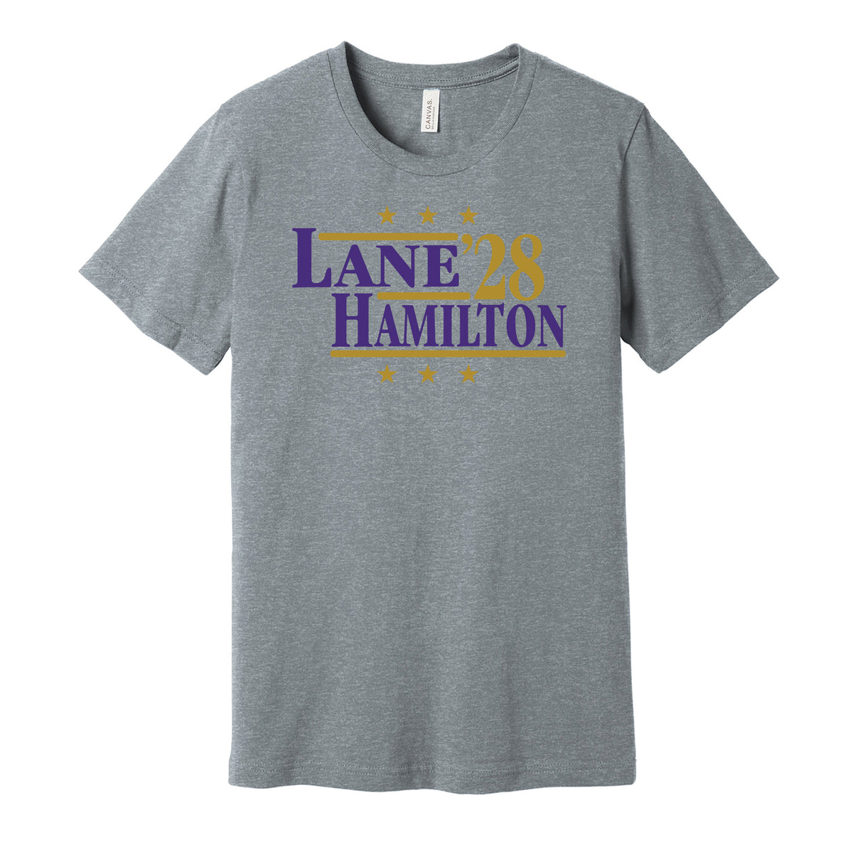 Baltimore Ravens retro political campaign parody grey t-shirt featuring Ja'Kobi Lane and Kyle Hamilton '28, designed in a vintage election style by Hyper Than Hype Shirts.