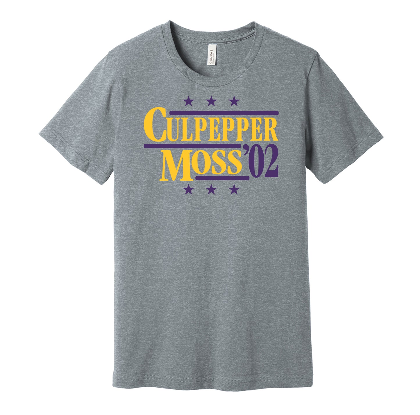 Minnesota Vikings retro political campaign parody grey t-shirt featuring Daunte Culpepper and Randy Moss '02, designed in a vintage election style by Hyper Than Hype Shirts.