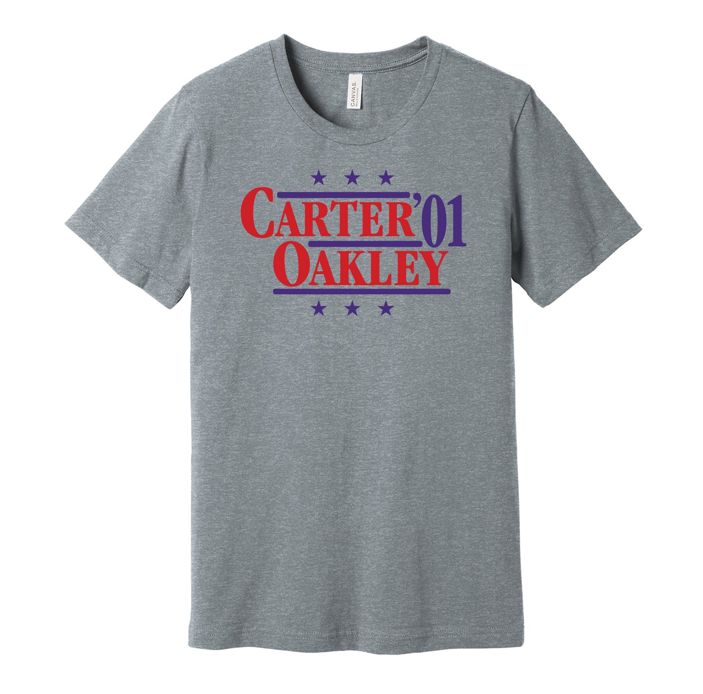 Toronto Raptors retro political campaign parody grey t-shirt featuring Vince Carter and Charles Oakley '01, designed in a vintage election style by Hyper Than Hype Shirts.