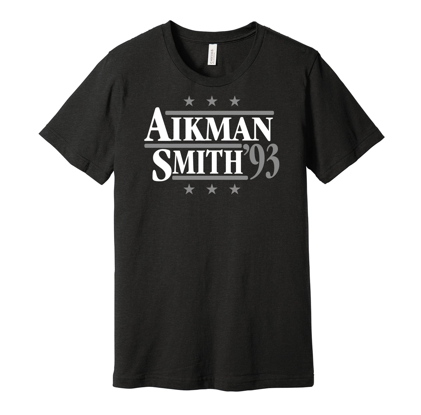 Dallas Cowboys retro political campaign parody black t-shirt featuring Troy Aikman and Emmitt Smith '93, designed in a vintage election style by Hyper Than Hype Shirts.