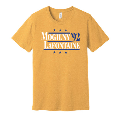 Buffalo Sabres retro political campaign parody gold t-shirt featuring Alexander Mogilny and Pat LaFontaine '92, designed in a vintage election style by Hyper Than Hype Shirts.