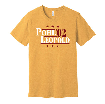 Minnesota Golden Gophers retro political campaign parody gold t-shirt featuring John Pohl and Jordan Leopold '02, designed in a vintage election style by Hyper Than Hype Shirts.