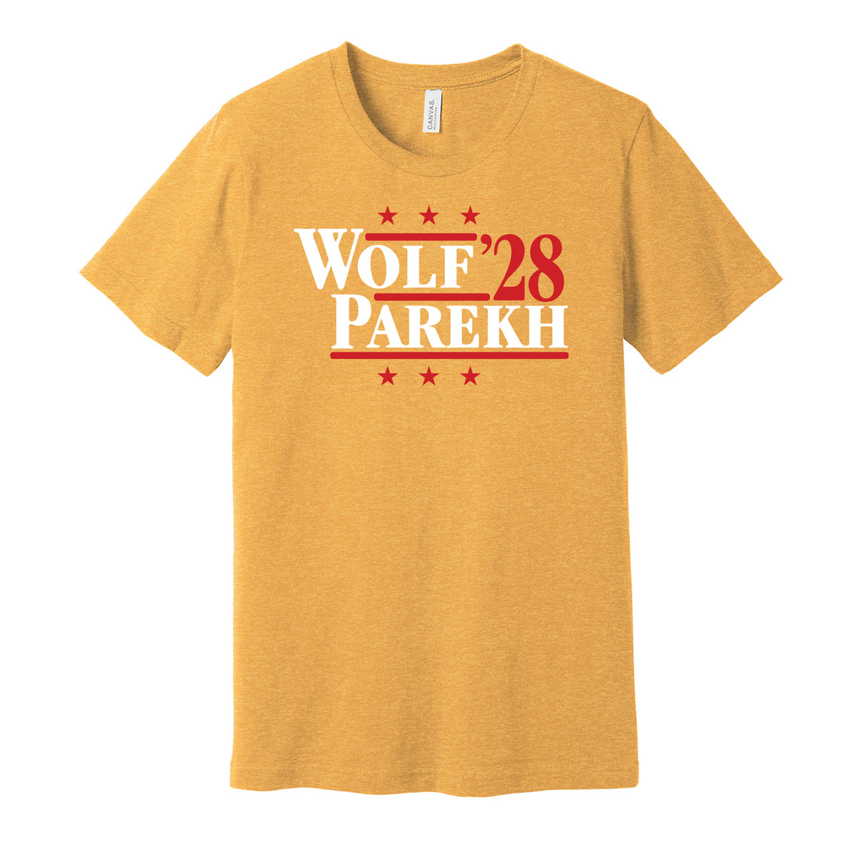 Calgary Flames retro political campaign parody gold t-shirt featuring Dustin Wolf and Zayne Parekh '28, designed in a vintage election style by Hyper Than Hype Shirts.