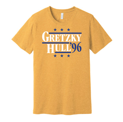 St. Louis Blues retro political campaign parody gold t-shirt featuring Wayne Gretzky and Brett Hull '96, designed in a vintage election style by Hyper Than Hype Shirts.