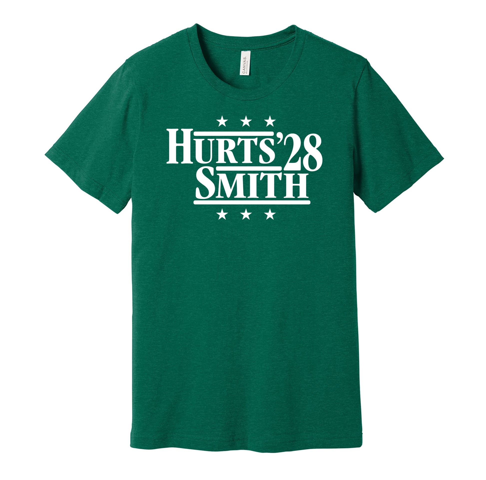Philadelphia Eagles retro political campaign parody midnight green t-shirt featuring Jalen Hurts and DeVonta Smith '28, designed in a vintage election style by Hyper Than Hype Shirts.