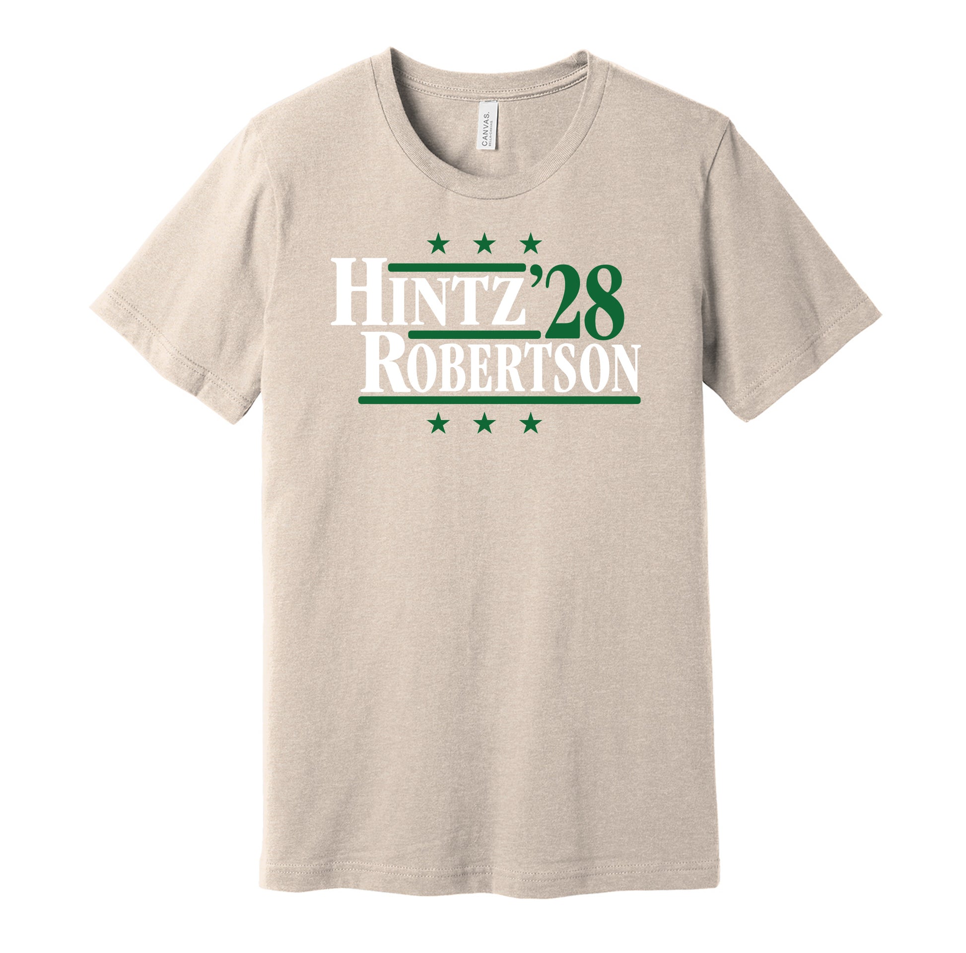 Dallas Stars retro political campaign parody beige t-shirt featuring Roope Hintz and Jason Robertson '28, designed in a vintage election style by Hyper Than Hype Shirts.
