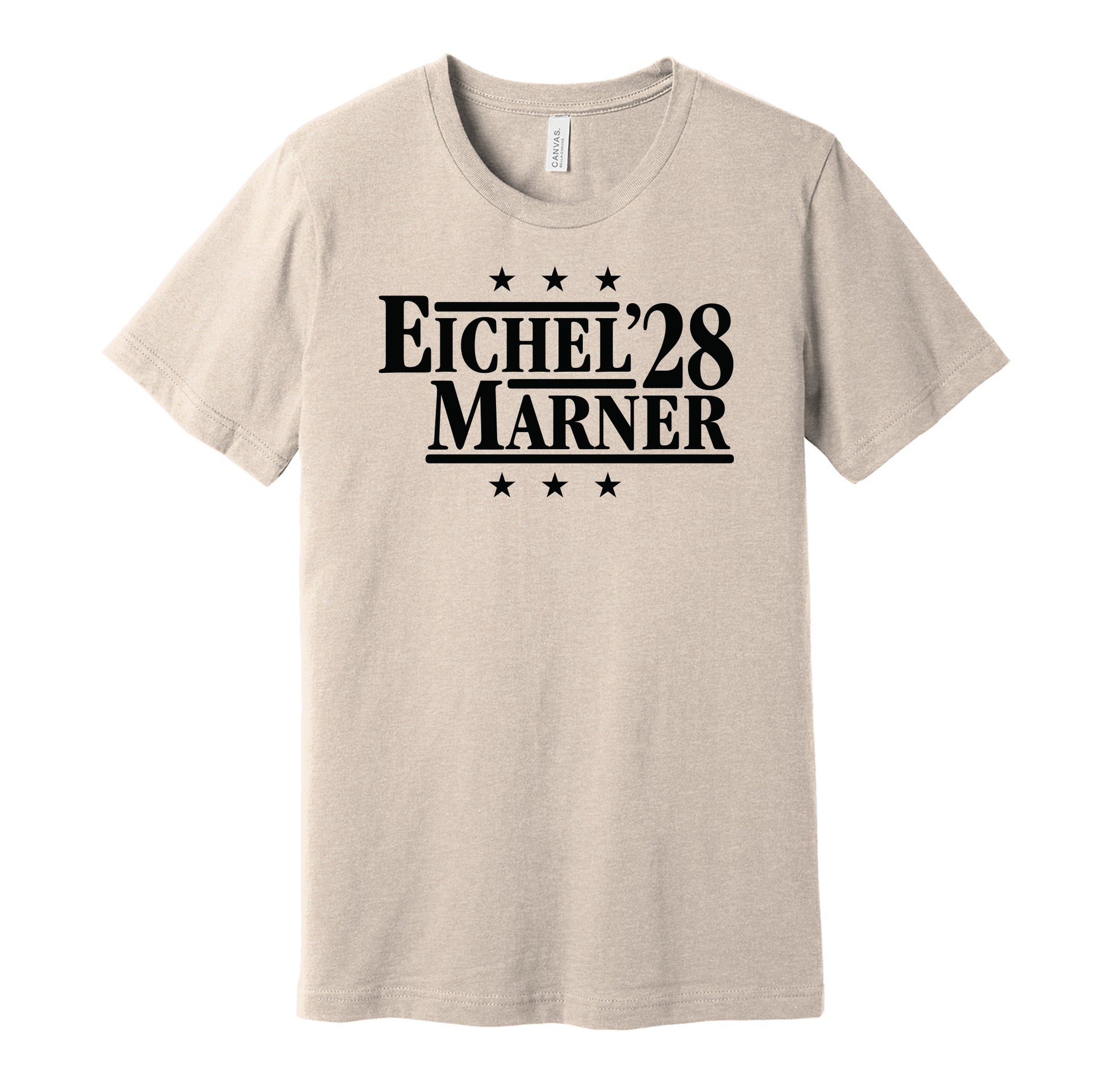 Las Vegas Golden Knights retro political campaign parody gold t-shirt featuring Jack Eichel and Mitch Marner '28, designed in a vintage election style by Hyper Than Hype Shirts.