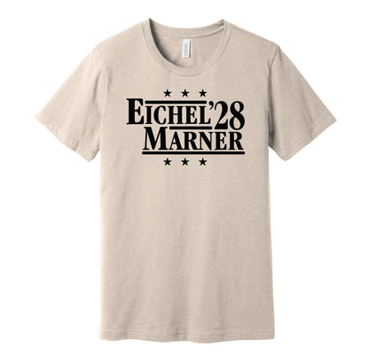 Las Vegas Golden Knights retro political campaign parody gold t-shirt featuring Jack Eichel and Mitch Marner '28, designed in a vintage election style by Hyper Than Hype Shirts.