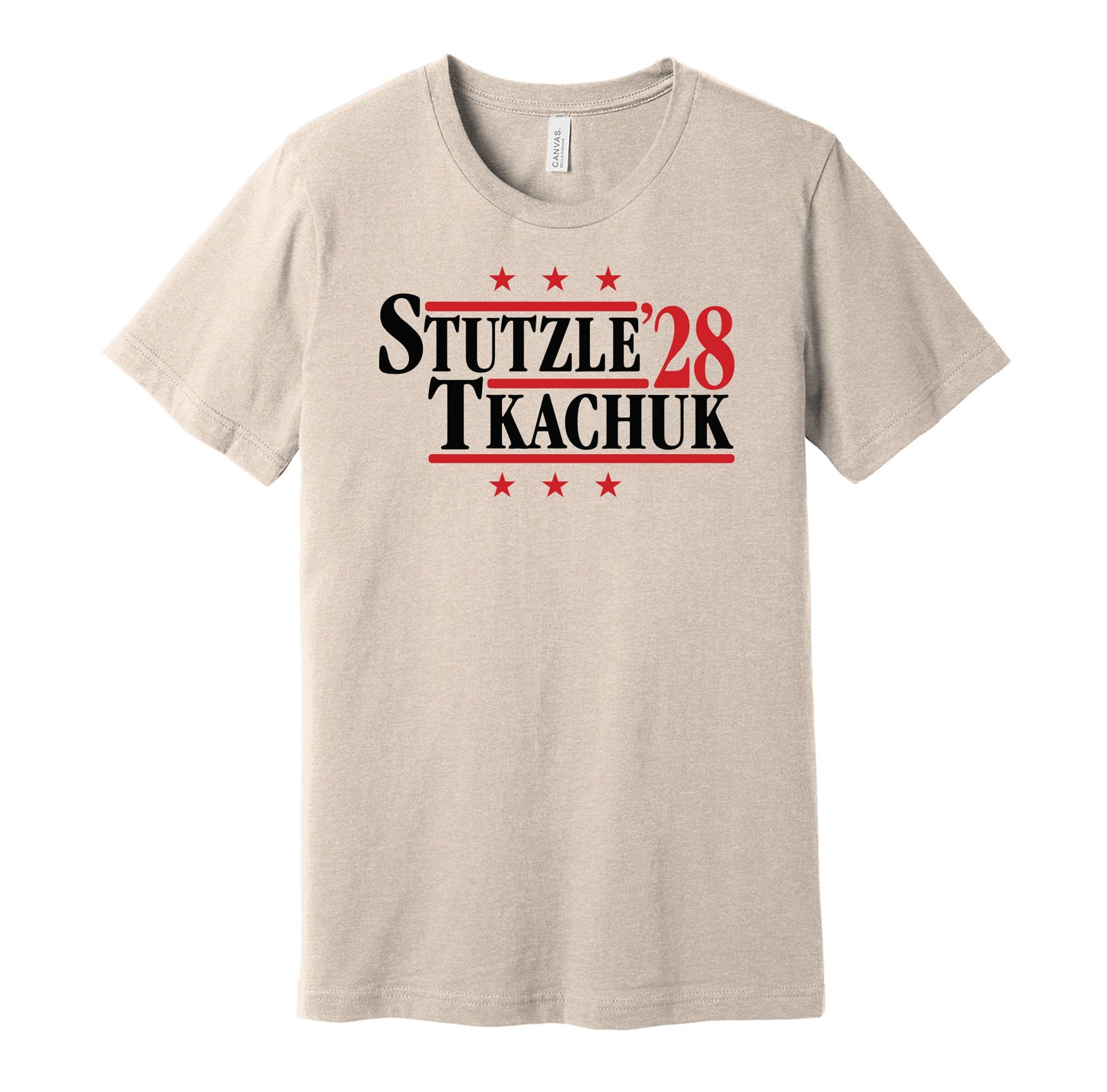 Ottawa Senators retro political campaign parody gold t-shirt featuring Tim Stützle and Brady Tkachuk '28, designed in a vintage election style by Hyper Than Hype Shirts.