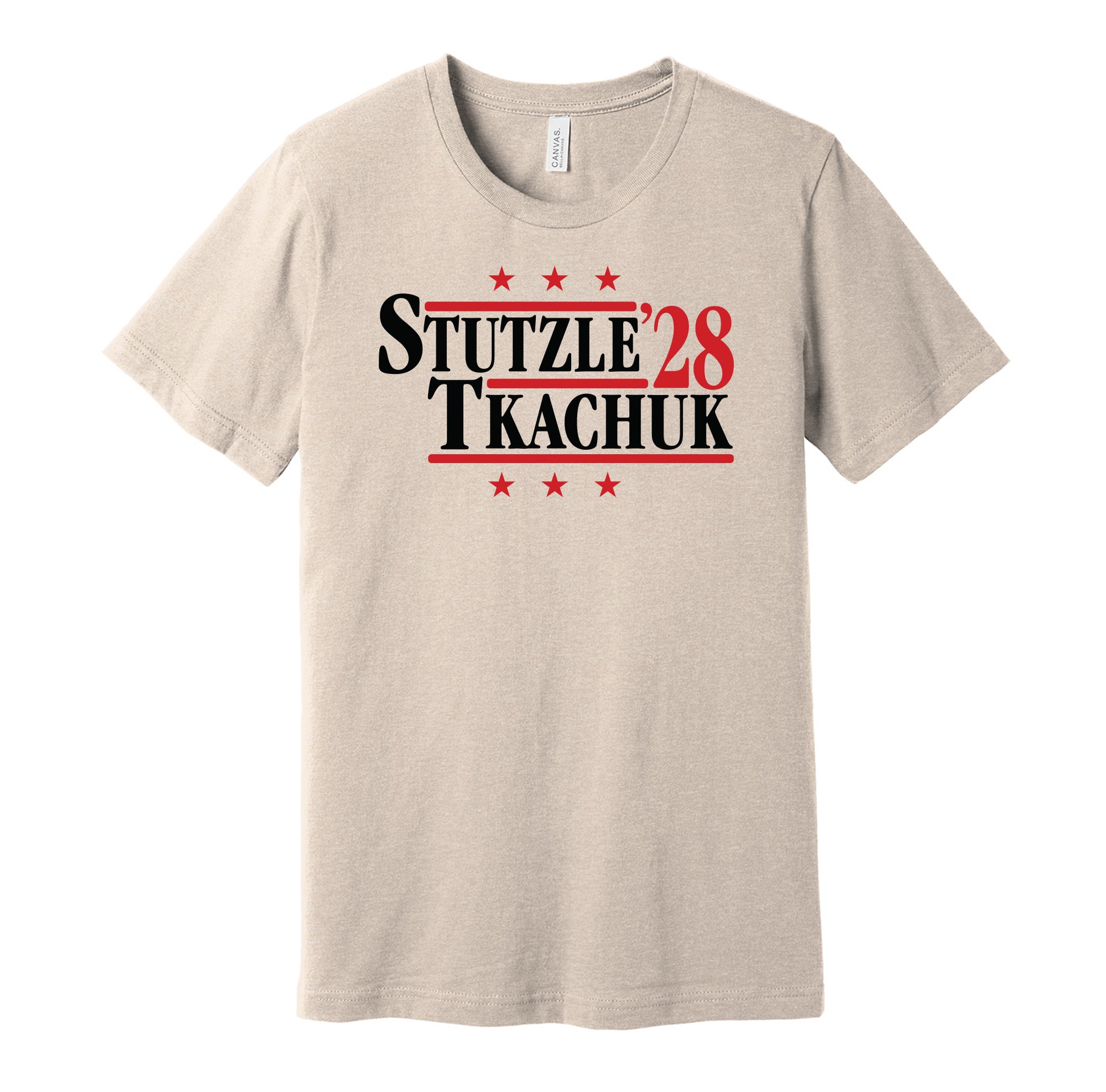 Ottawa Senators retro political campaign parody gold t-shirt featuring Tim Stützle and Brady Tkachuk '28, designed in a vintage election style by Hyper Than Hype Shirts.