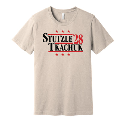 Ottawa Senators retro political campaign parody gold t-shirt featuring Tim Stützle and Brady Tkachuk '28, designed in a vintage election style by Hyper Than Hype Shirts.