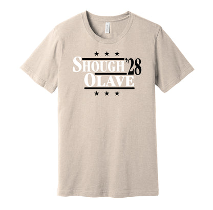 New Orleans Saints retro political campaign parody beige t-shirt featuring Tyler Shough and Chris Olave '28, designed in a vintage election style by Hyper Than Hype Shirts.