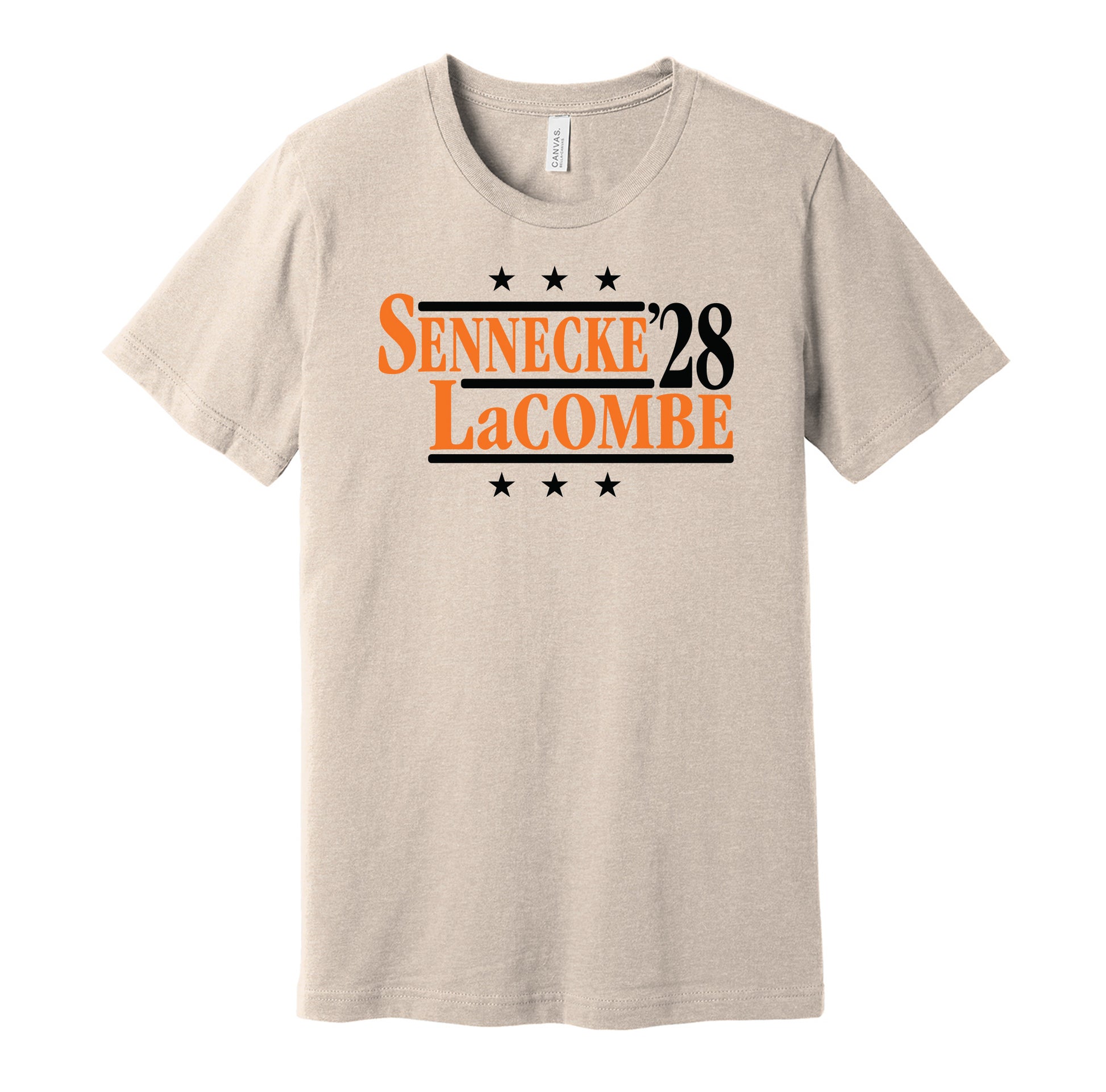 Anaheim Ducks retro political campaign parody tan t-shirt featuring Beckett Sennecke and Jackson LaCombe '28, designed in a vintage election style by Hyper Than Hype Shirts.