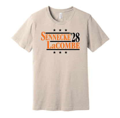 Anaheim Ducks retro political campaign parody tan t-shirt featuring Beckett Sennecke and Jackson LaCombe '28, designed in a vintage election style by Hyper Than Hype Shirts.