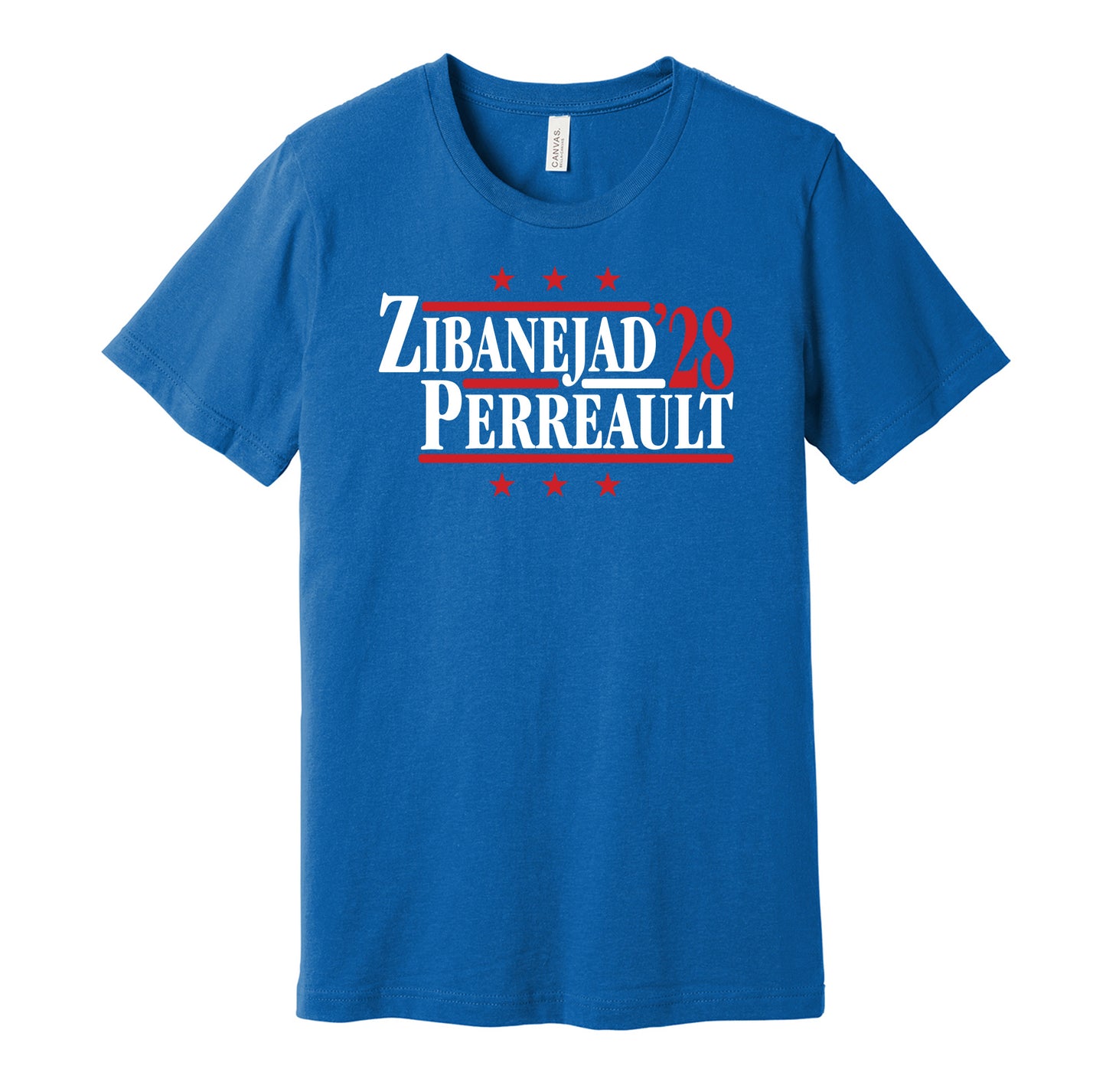 New York Rangers retro political campaign parody blue t-shirt featuring Mika Zibanejad and Gabriel Perreault '28 design