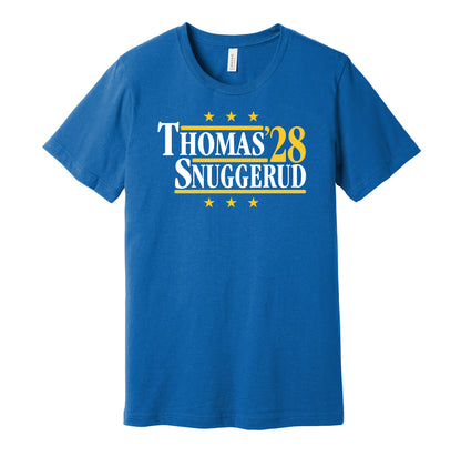 St. Louis Blues retro political campaign parody blue t-shirt featuring Robert Thomas and Jimmy Snuggerud '28, designed in a vintage election style by Hyper Than Hype Shirts.