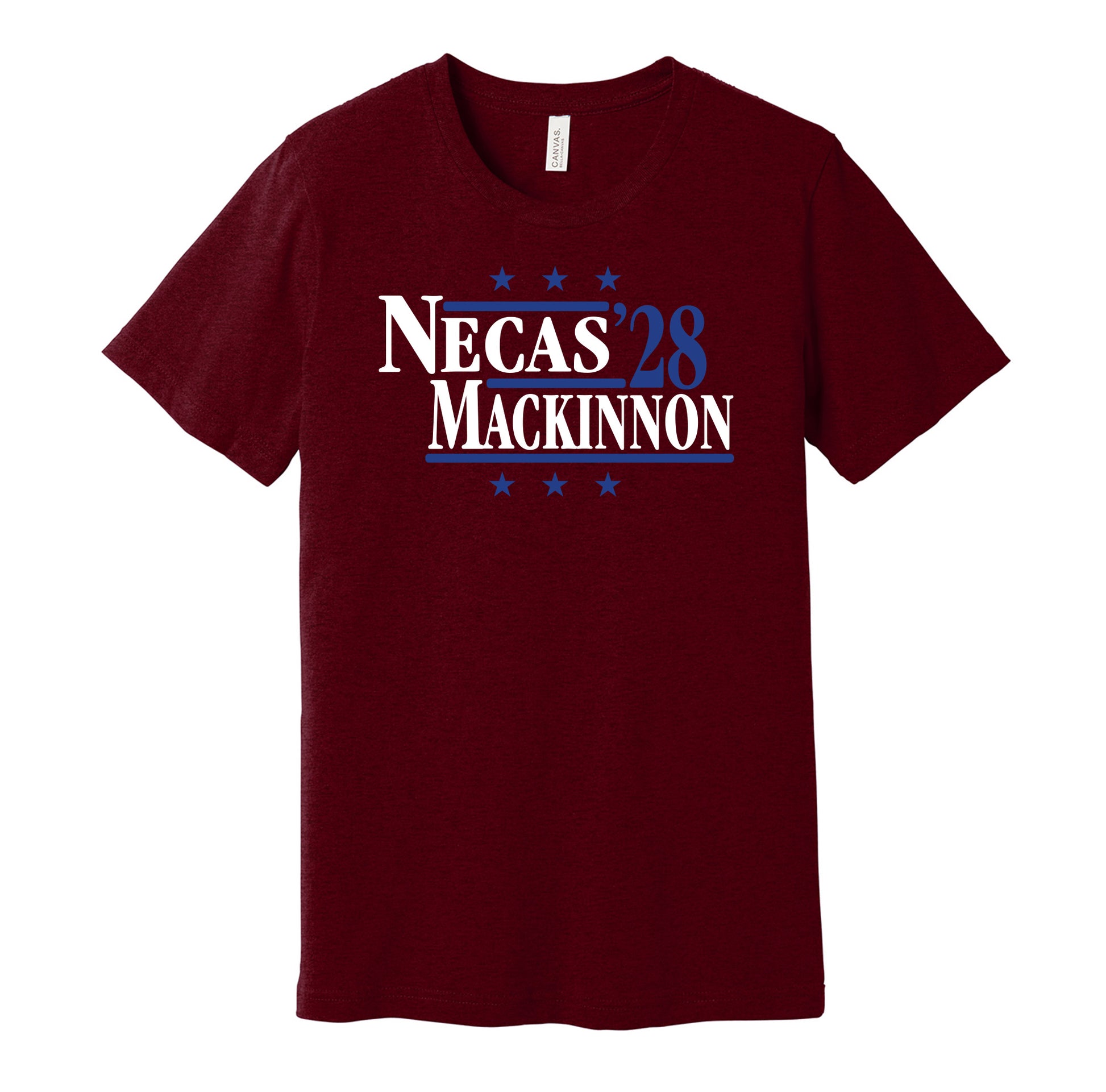 Colorado Avalanche retro political campaign parody burgundy t-shirt featuring Martin Necas and Nathan MacKinnon '28, designed in a vintage election style by Hyper Than Hype Shirts.