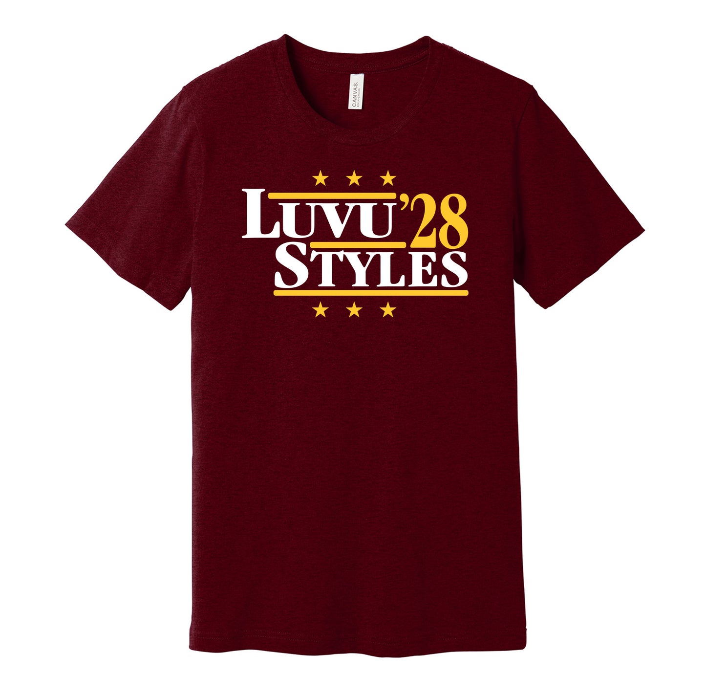 Washington Commanders retro political campaign parody burgundy t-shirt featuring Frankie Luvu and Sonny Styles '28, designed in a vintage election style by Hyper Than Hype Shirts.