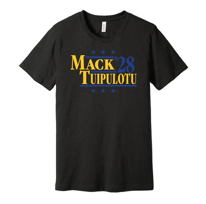 Los Angeles Chargers retro political campaign parody black t-shirt featuring Khalil Mack and Tuli Tuipulotu '28, designed in a vintage election style by Hyper Than Hype Shirts.