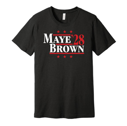 New England Patriots retro political campaign parody black t-shirt featuring Drake Maye and A.J. Brown '28, designed in a vintage election style by Hyper Than Hype Shirts.