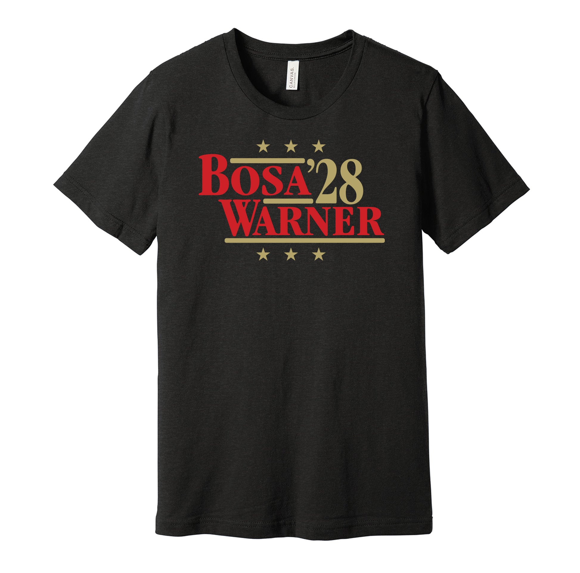 San Francisco 49ers retro political campaign parody black t-shirt featuring Nick Bosa and Fred Warner '28, designed in a vintage election style by Hyper Than Hype Shirts.