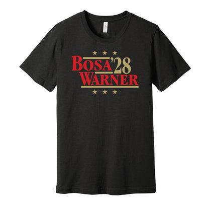 San Francisco 49ers retro political campaign parody black t-shirt featuring Nick Bosa and Fred Warner '28, designed in a vintage election style by Hyper Than Hype Shirts.