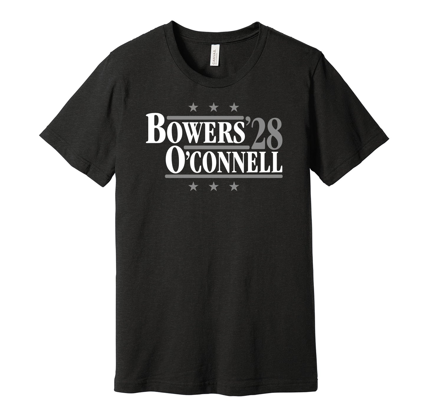 Las Vegas Raiders retro political campaign parody black t-shirt featuring Brock Bowers and Aidan O'Connell '28, designed in a vintage election style by Hyper Than Hype Shirts.