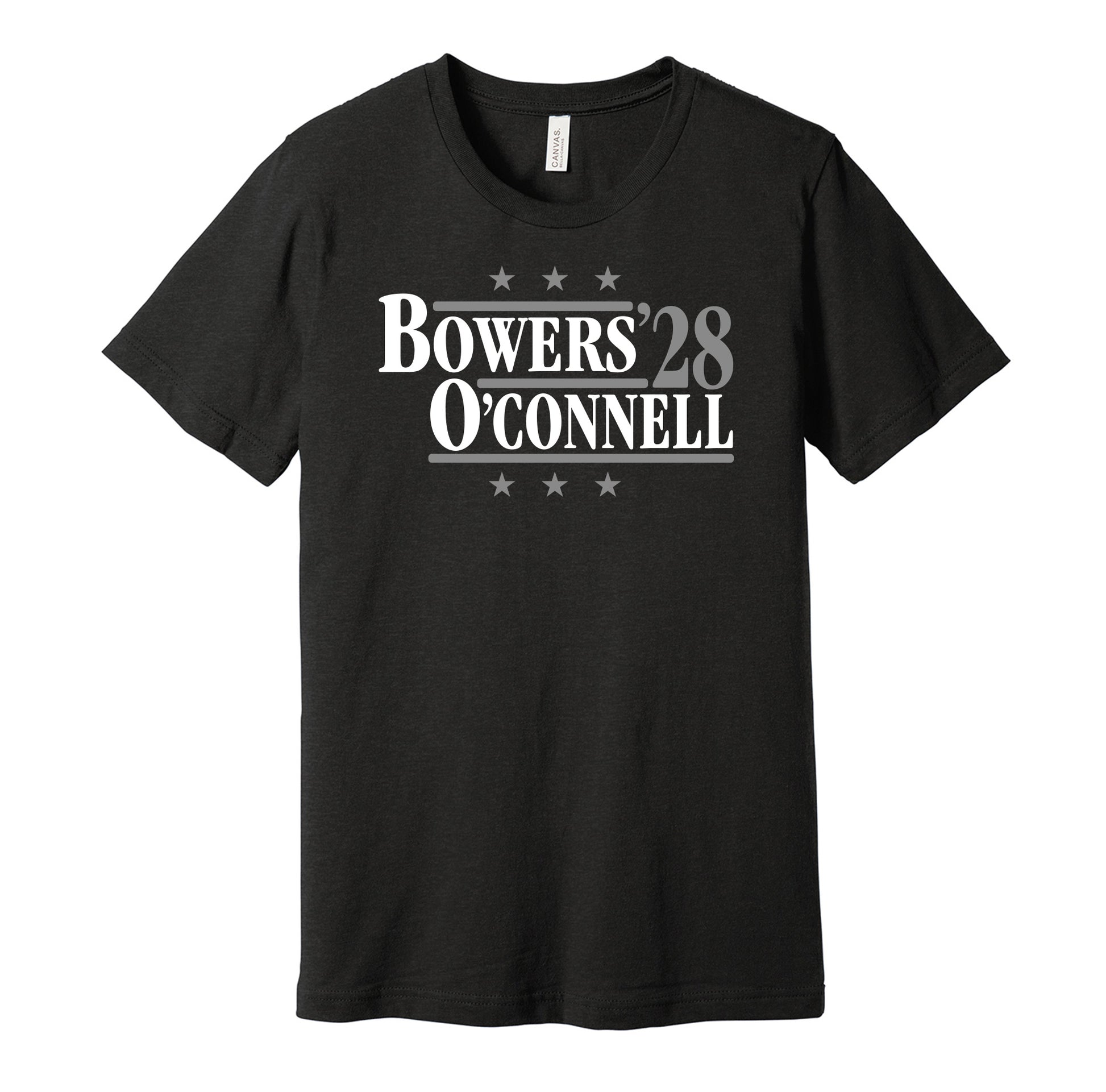 Las Vegas Raiders retro political campaign parody black t-shirt featuring Brock Bowers and Aidan O'Connell '28, designed in a vintage election style by Hyper Than Hype Shirts.