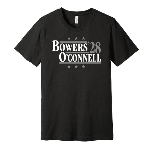 Las Vegas Raiders retro political campaign parody black t-shirt featuring Brock Bowers and Aidan O'Connell '28, designed in a vintage election style by Hyper Than Hype Shirts.