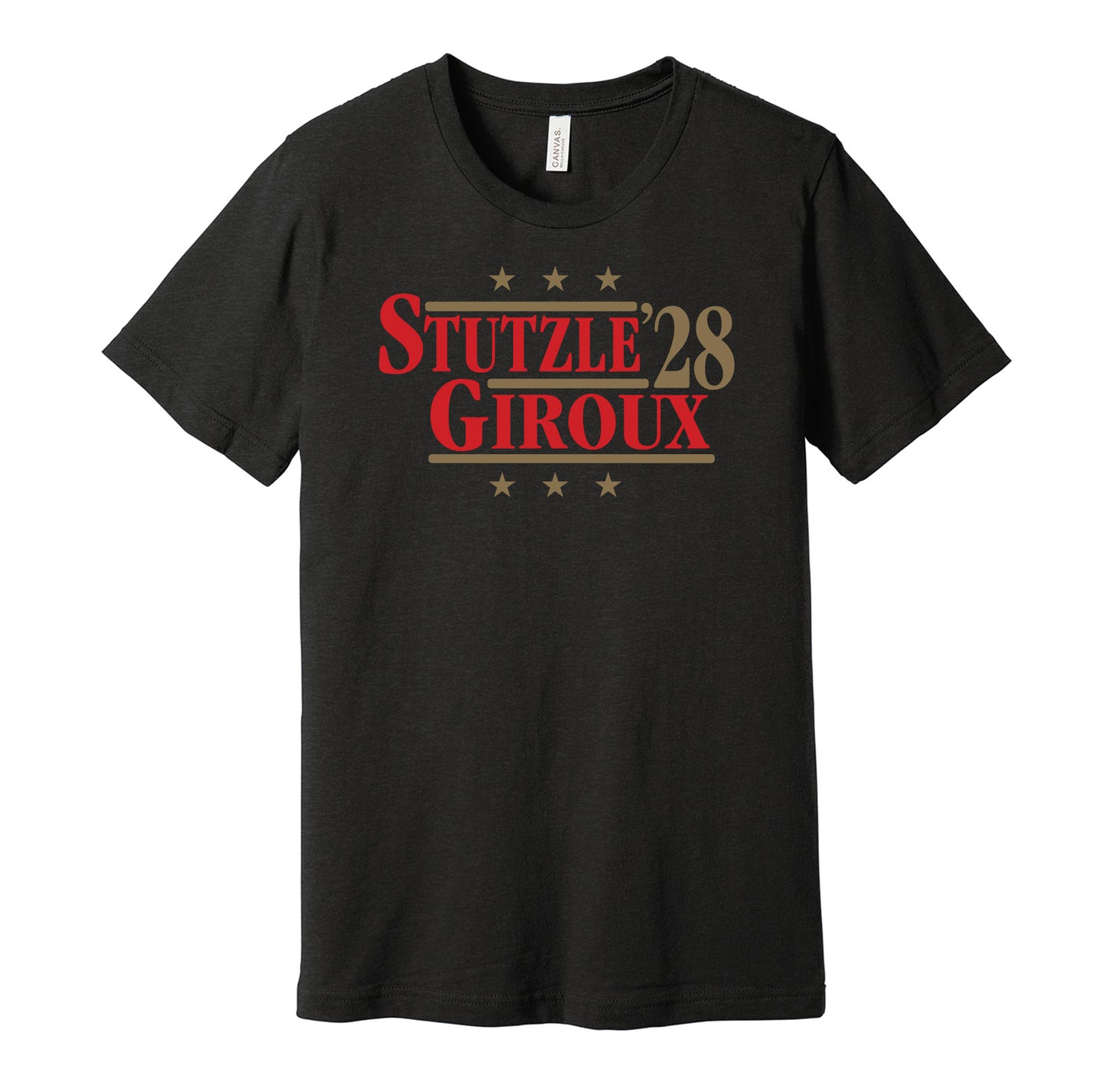 Ottawa Senators retro political campaign parody black t-shirt featuring Tim Stützle and Claude Giroux '28, designed in a vintage election style by Hyper Than Hype Shirts.