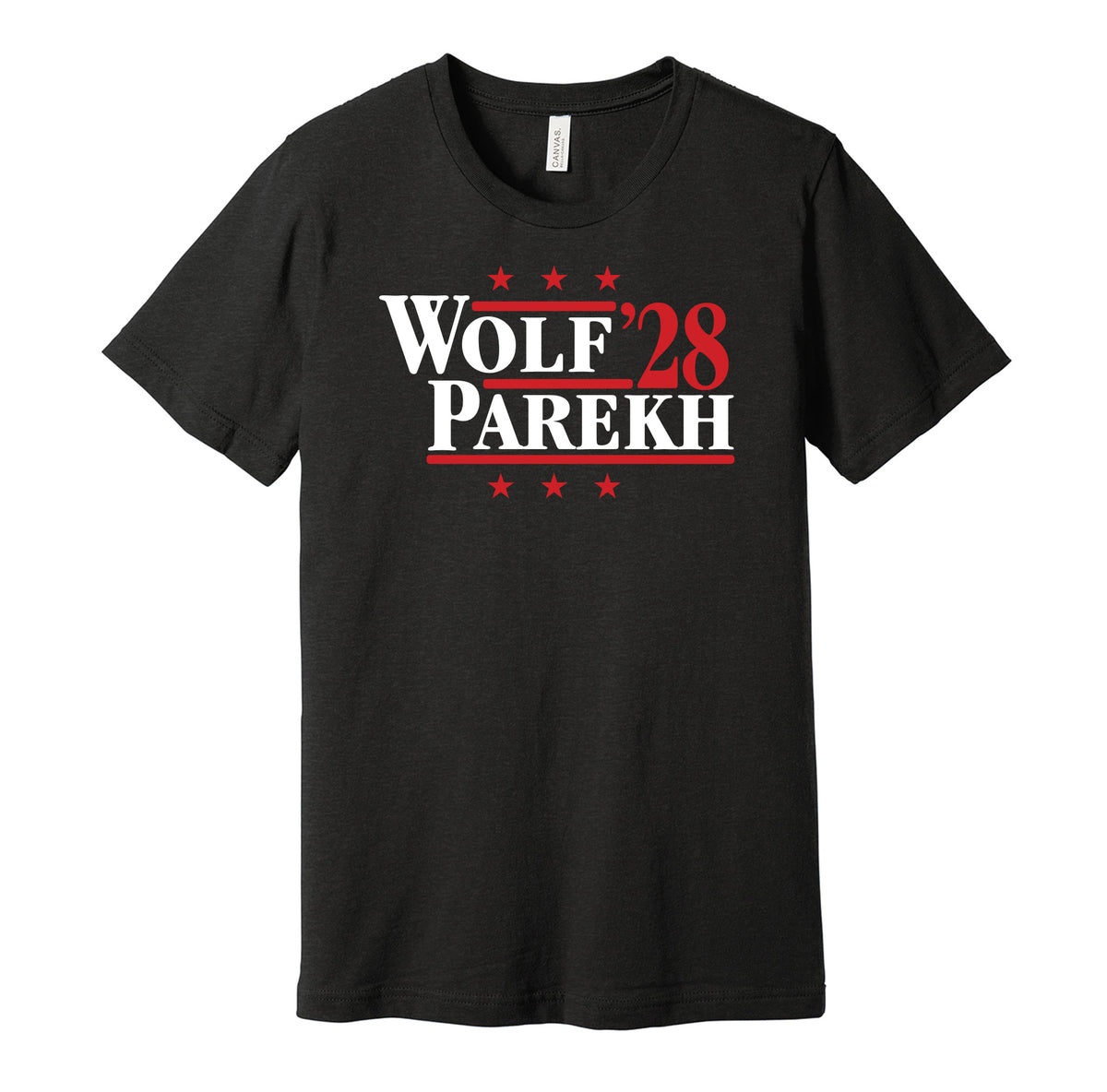 Calgary Flames retro political campaign parody black t-shirt featuring Dustin Wolf and Zayne Parekh '28, designed in a vintage election style by Hyper Than Hype Shirts.