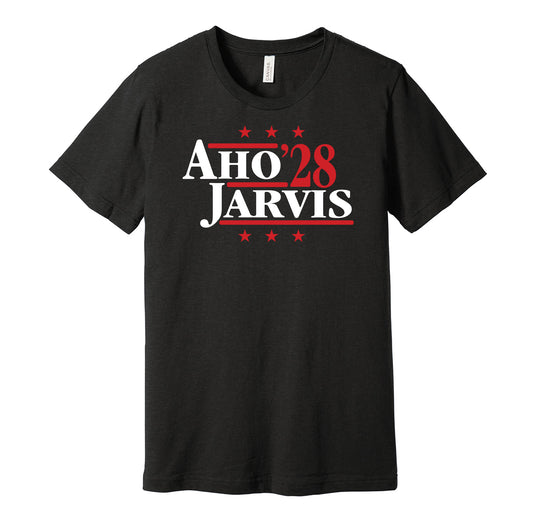 Carolina Hurricanes retro political campaign parody black t-shirt featuring Sebastian Aho and Seth Jarvis '28, designed in a vintage election style by Hyper Than Hype Shirts.