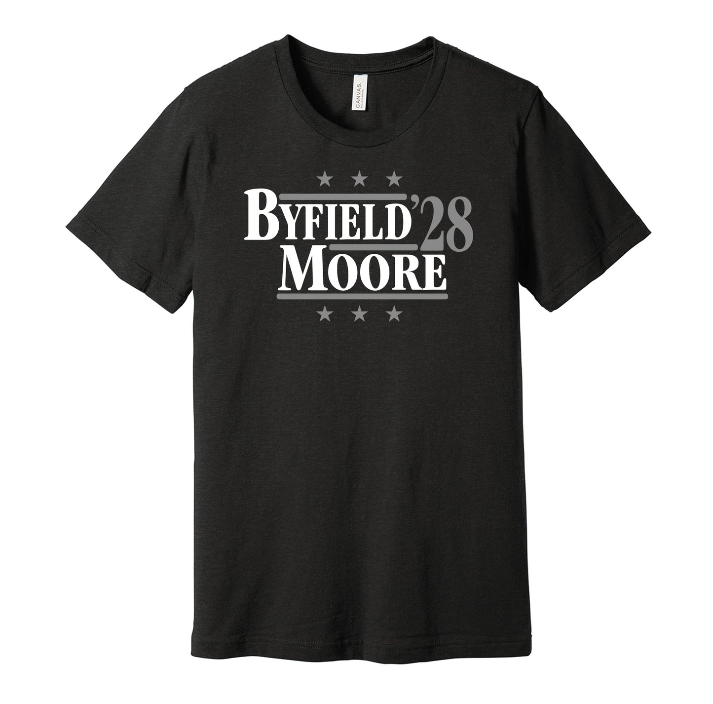Los Angeles Kings retro political campaign parody black t-shirt featuring Quinton Byfield and Trevor Moore '28, designed in a vintage election style by Hyper Than Hype Shirts.
