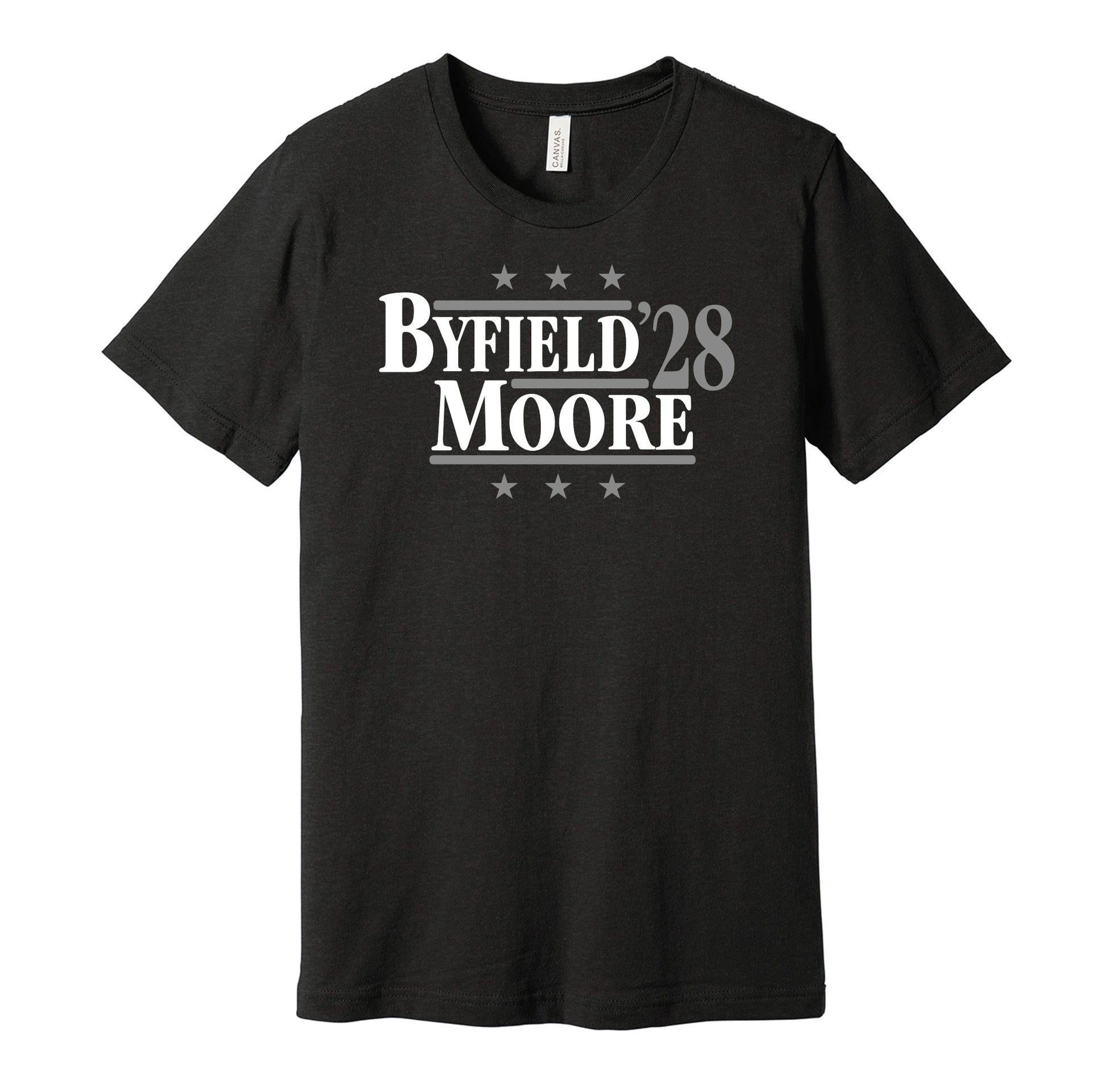 Los Angeles Kings retro political campaign parody black t-shirt featuring Quinton Byfield and Trevor Moore '28, designed in a vintage election style by Hyper Than Hype Shirts.