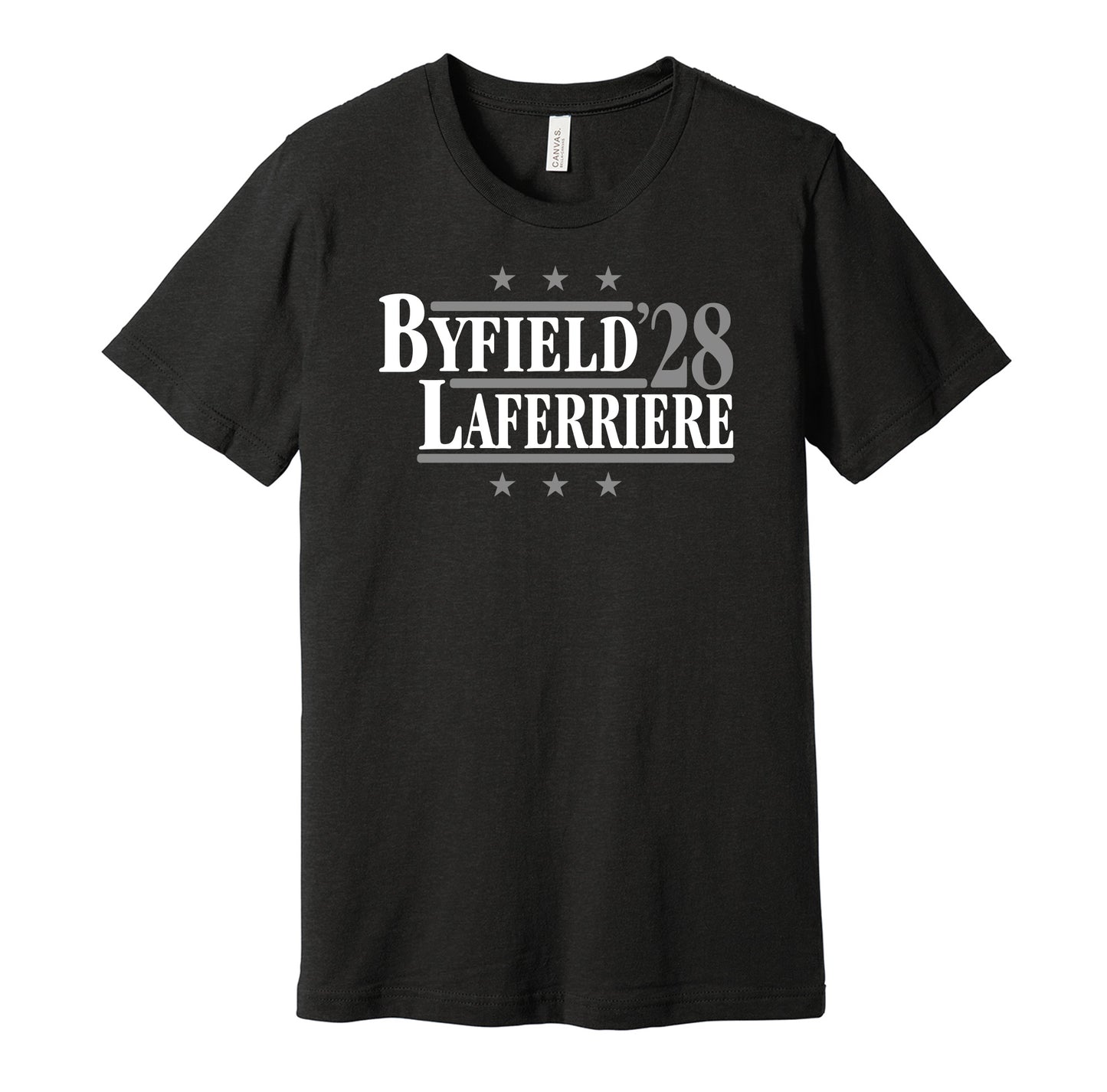 LA Kings retro political campaign parody black t-shirt featuring Quinton Byfield and Alex Laferriere '28, designed in a vintage election style by Hyper Than Hype Shirts.