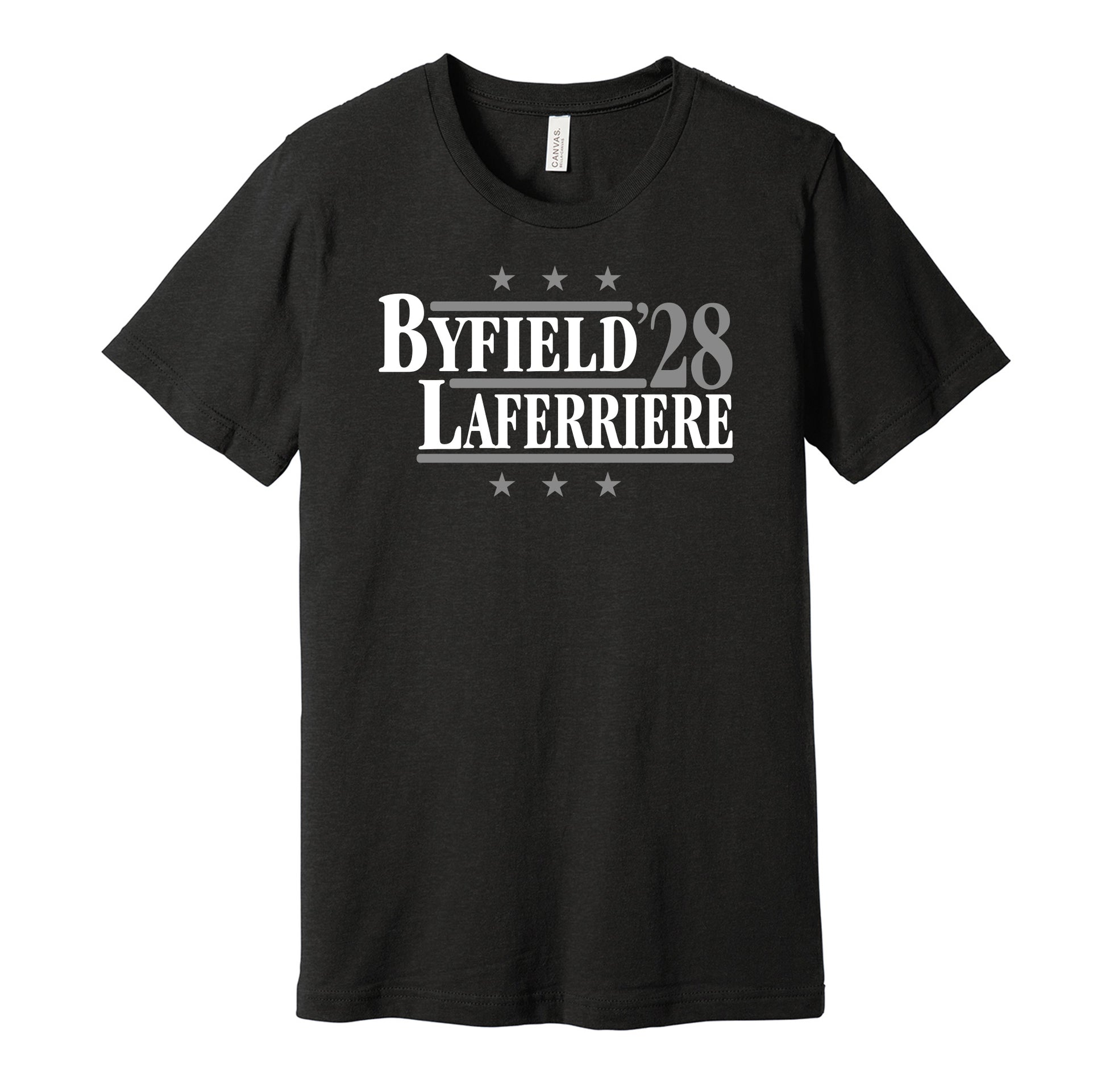 LA Kings retro political campaign parody black t-shirt featuring Quinton Byfield and Alex Laferriere '28, designed in a vintage election style by Hyper Than Hype Shirts.