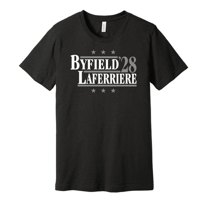 LA Kings retro political campaign parody black t-shirt featuring Quinton Byfield and Alex Laferriere '28, designed in a vintage election style by Hyper Than Hype Shirts.
