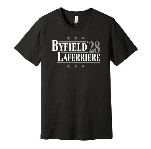 LA Kings retro political campaign parody black t-shirt featuring Quinton Byfield and Alex Laferriere '28, designed in a vintage election style by Hyper Than Hype Shirts.