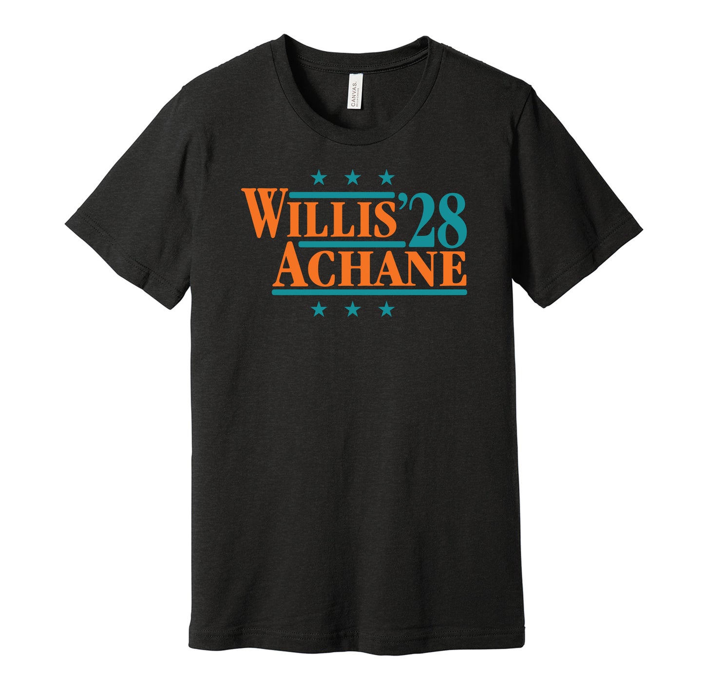 Miami Dolphins retro political campaign parody black t-shirt featuring Malik Willis and De'Von Achane '28, designed in a vintage election style by Hyper Than Hype Shirts.