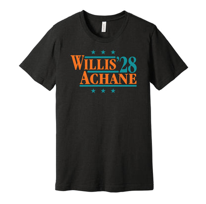Miami Dolphins retro political campaign parody black t-shirt featuring Malik Willis and De'Von Achane '28, designed in a vintage election style by Hyper Than Hype Shirts.