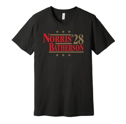 Ottawa Senators retro political campaign parody black t-shirt featuring Josh Norris and Drake Batherson '28, designed in a vintage election style by Hyper Than Hype Shirts.