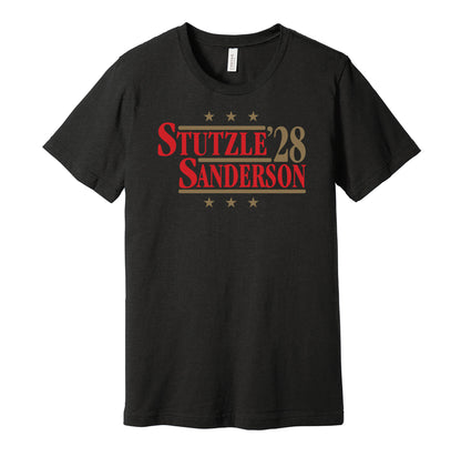 Ottawa Senators retro political campaign parody black t-shirt featuring Tim Stützle and Jake Sanderson '28, designed in a vintage election style by Hyper Than Hype Shirts.