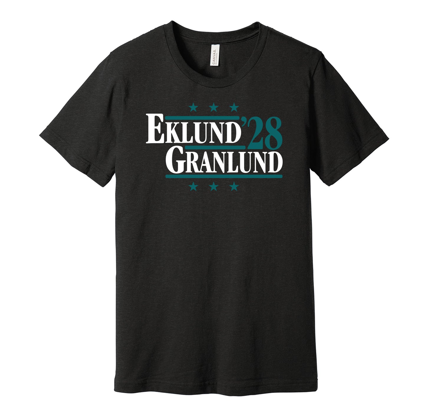 San Jose Sharks retro political campaign parody black t-shirt featuring William Eklund and Mikael Granlund '28, designed in a vintage election style by Hyper Than Hype Shirts.