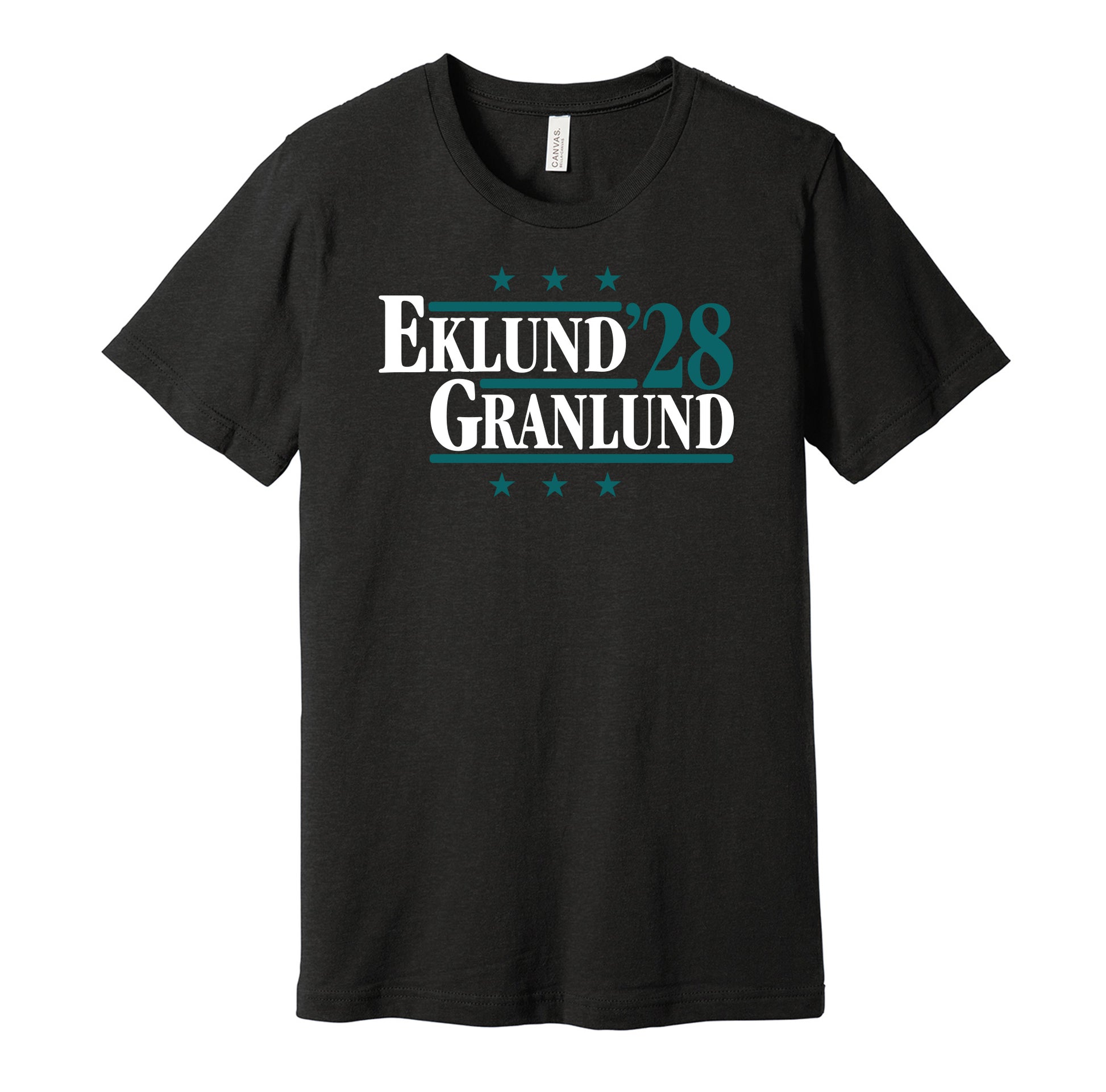 San Jose Sharks retro political campaign parody black t-shirt featuring William Eklund and Mikael Granlund '28, designed in a vintage election style by Hyper Than Hype Shirts.